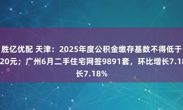 胜亿优配 天津：2025年度公积金缴存基数不得低于2320元；广州6月二手住宅网签9891套，环比增长7.18%